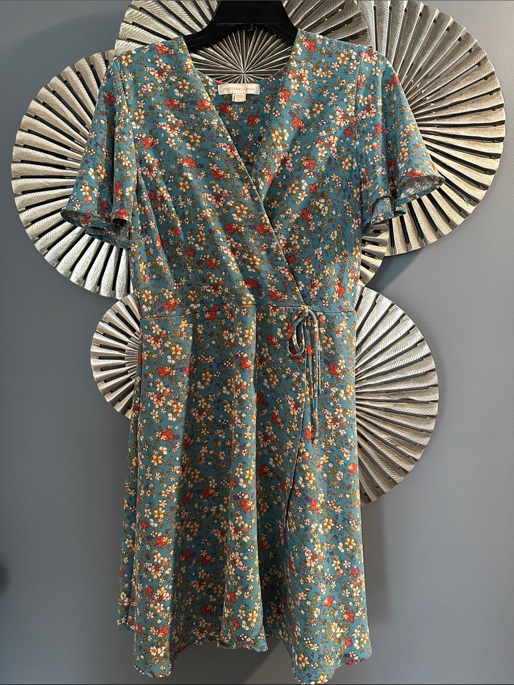 Monteau Teal Floral Midi Wrap Dress